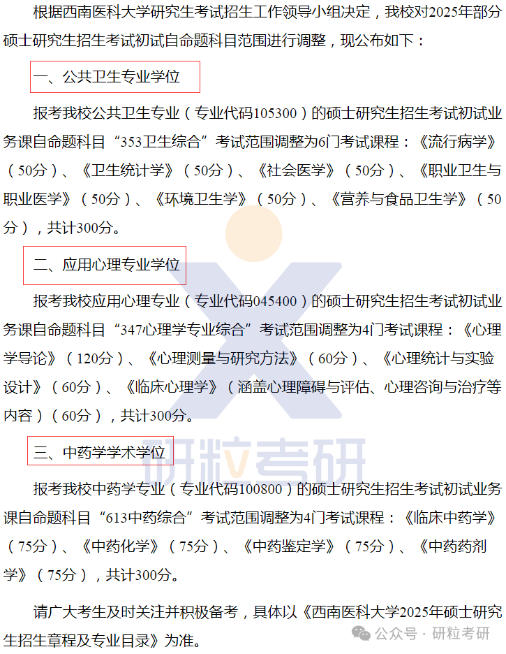 西南医科大学25考研复试调整