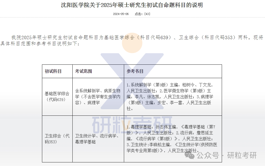 25考研沈阳医学院复试科目调整