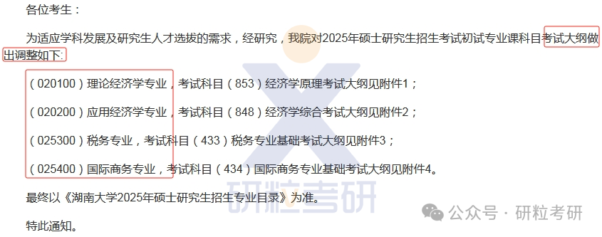 25考研湖南大学经济与贸易学院初试科目调整