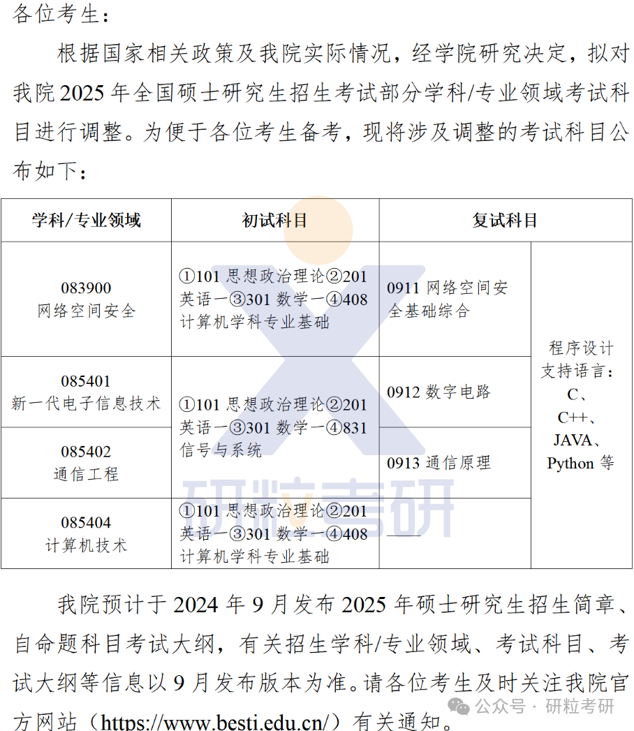 25考研北京电子科技学院考试科目调整