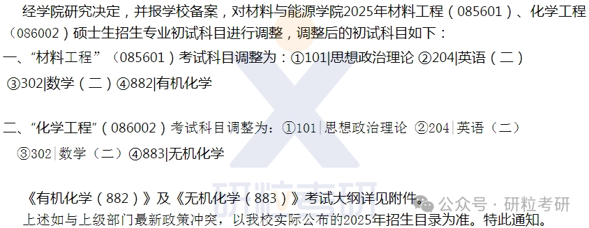 25考研华南农业大学材料与能源学院科目调整