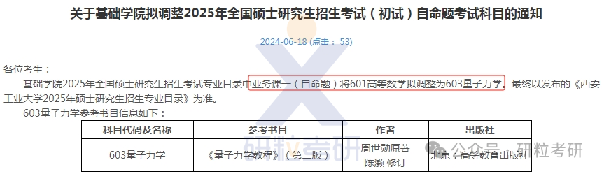 25考研西安工业大学基础学院专业科目调整