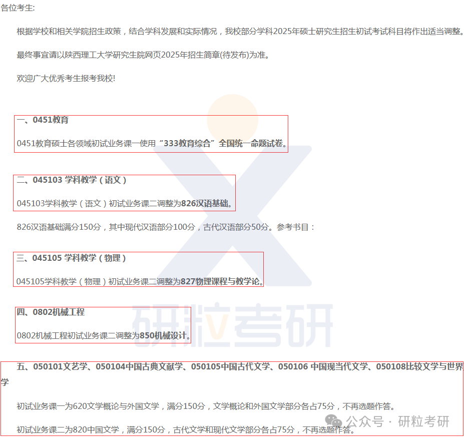 25考研陕西理工大学多个科目调整