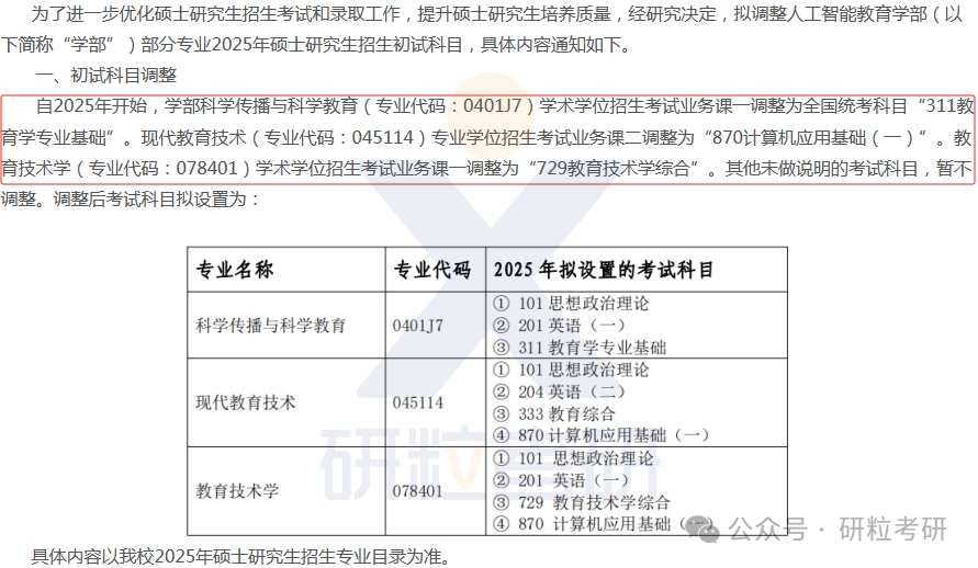 25考研华中师范大学多个科目调整