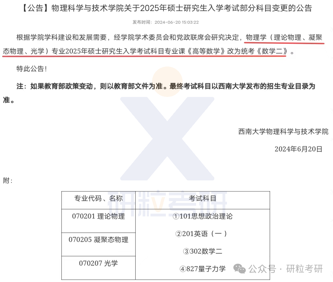 25考研西南大学物理科学与技术学院考试科目调整