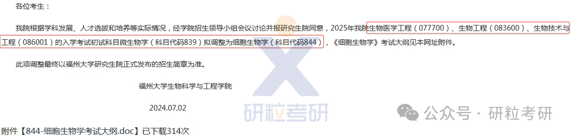 25考研福州大学生物科学与工程学院科目调整