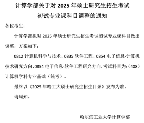 25考研哈尔滨工业大学相关专业改考408