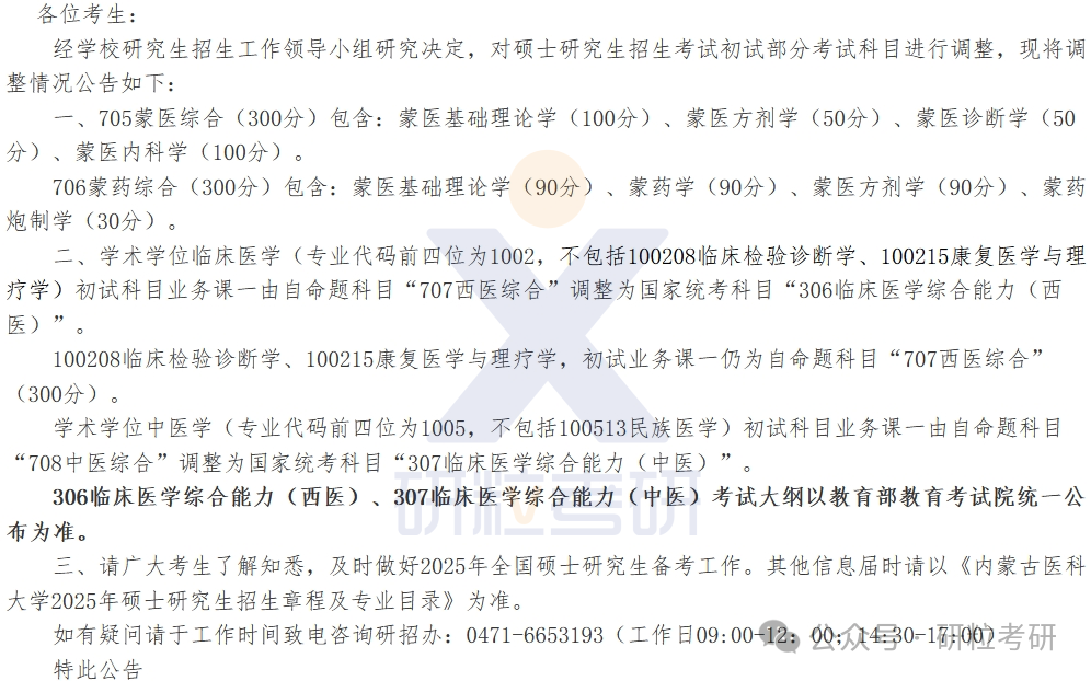 25考研内蒙古医科大学专业调整