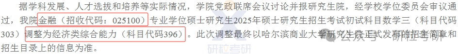 25考研哈尔滨商业大学金融学院初试科目调整