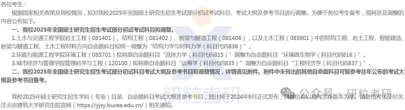 25考研北京建筑大学考试科目调整