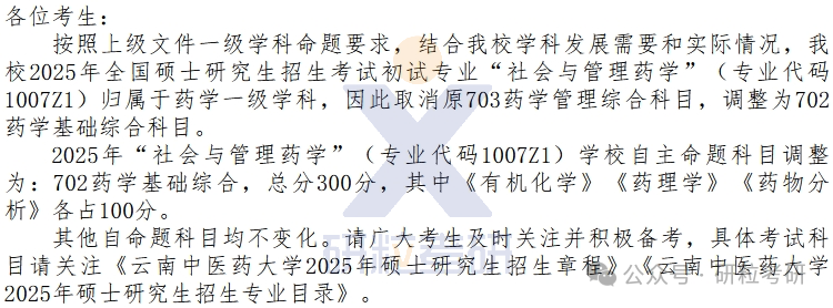 25考研云南中医药大学考试科目调整