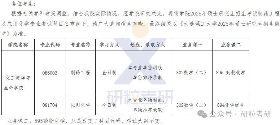 25考研大连理工大学化工海洋与生命学院考试科目调整