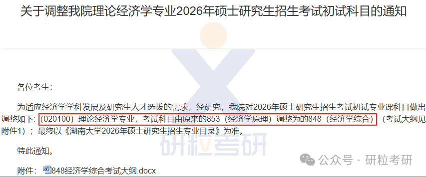 26考研湖南大学经济与贸易学院考试科目调整