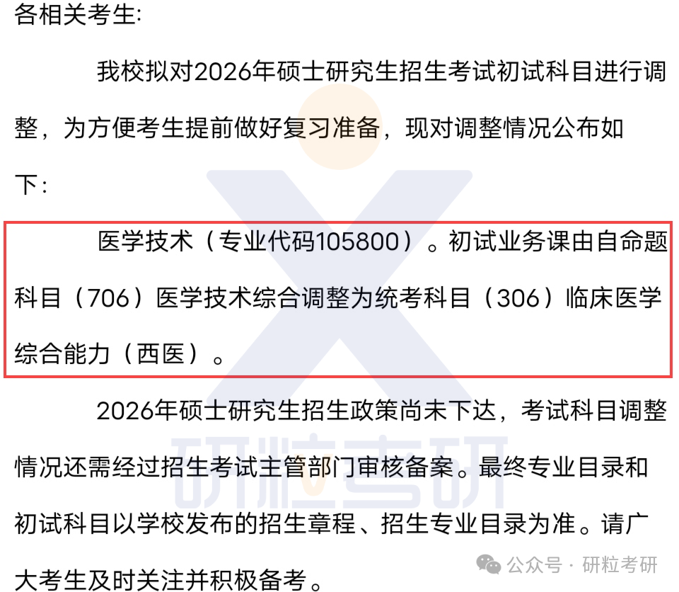 26考研山东第二医科大学考试科目调整
