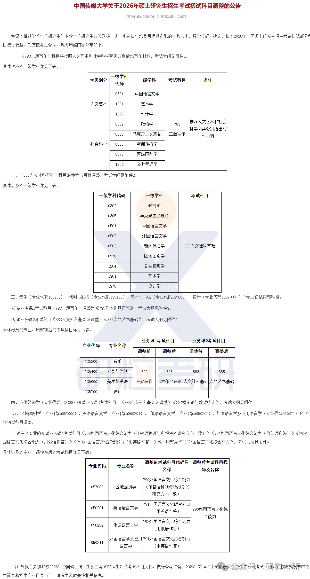 26考研中国传媒大学考试科目调整
