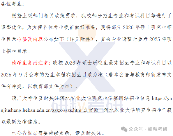 26考研河北农业大学考试科目调整