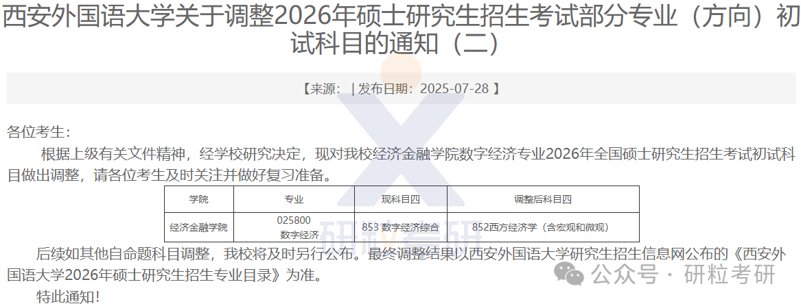 26考研西安外国语大学考试科目调整
