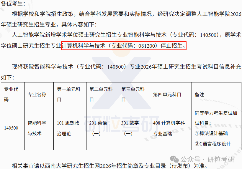 26考研西南大学部分专业停招