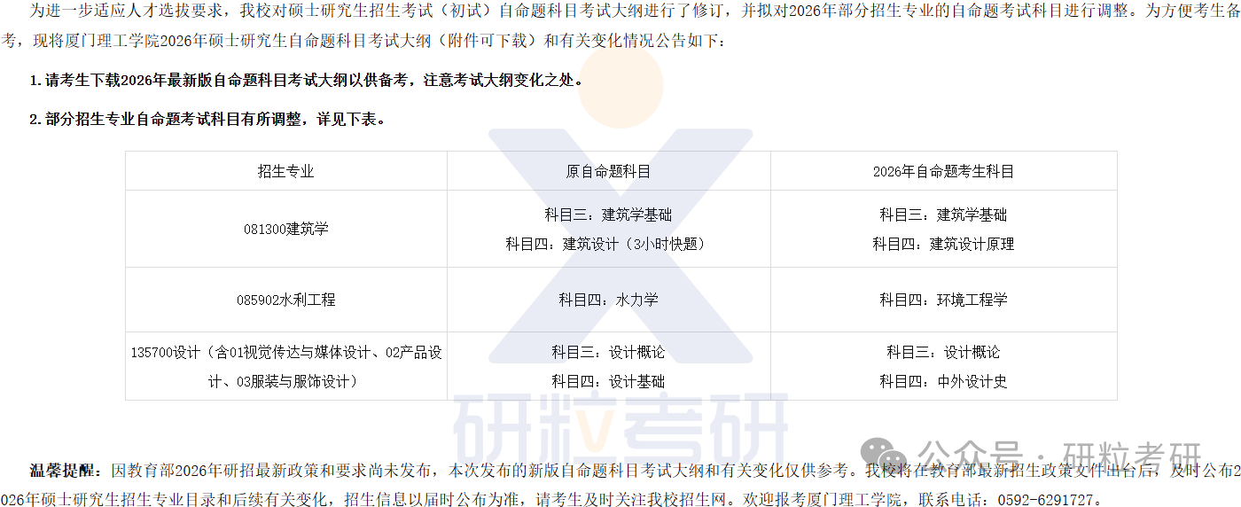 26考研厦门理工学院考试科目调整