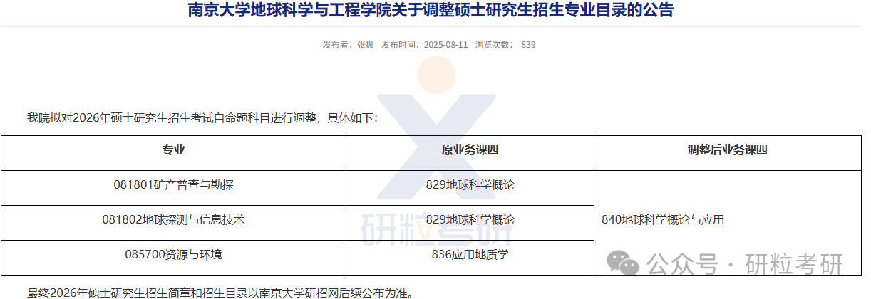 26考研南京大学地球科学与工程学院部分专业考试科目调整