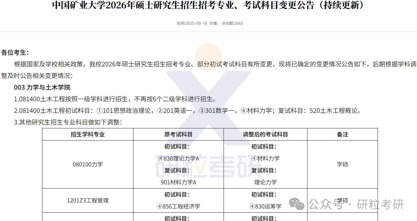26考研中国矿业大学部分专业考试科目调整