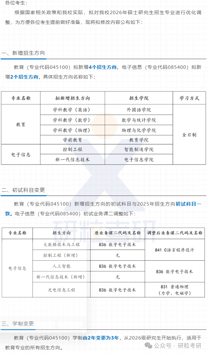 26考研湖南第一师范学院考试科目调整